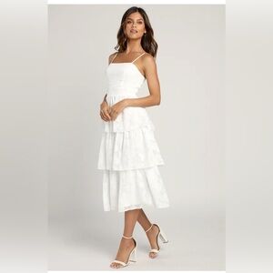 Lulu's White Tiered Midi Dress with Spaghetti Straps